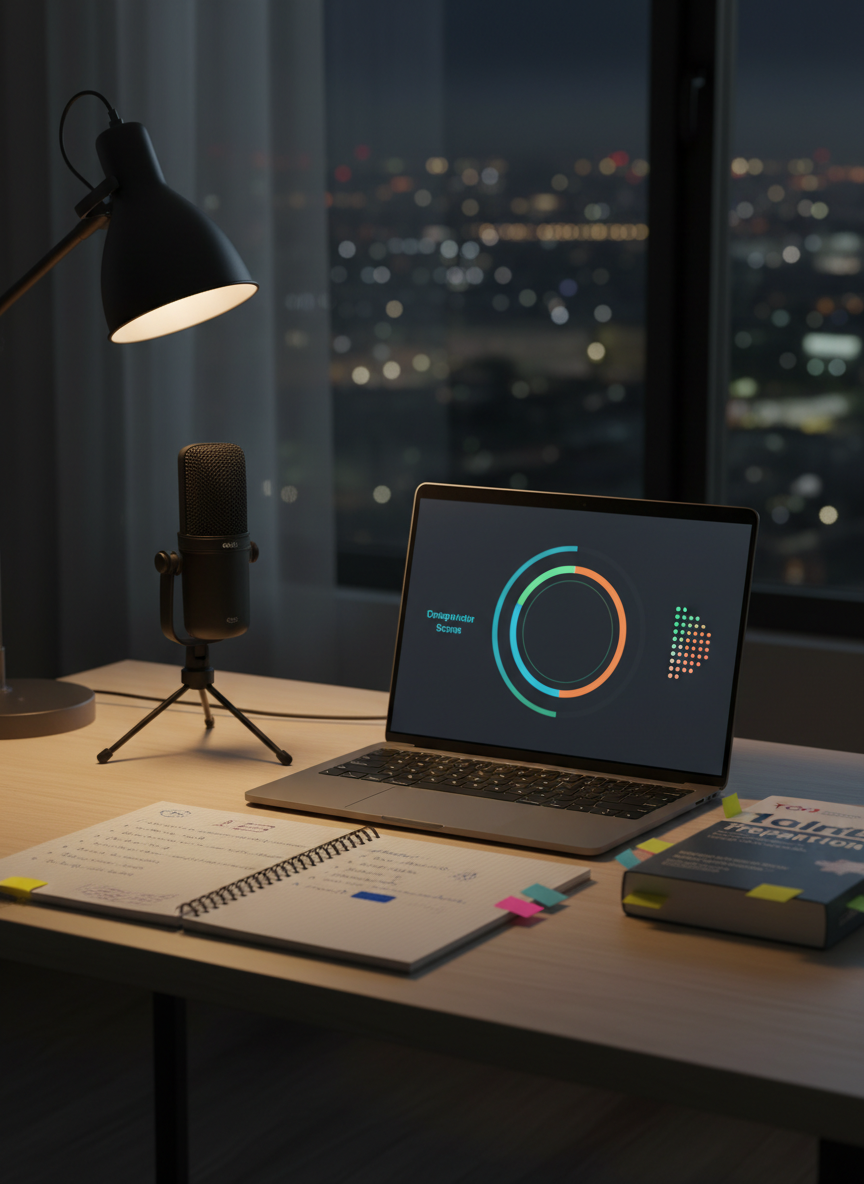 A serene late-night IELTS preparation scene in photographic realism, with a minimalist laptop on a pale birch desk displaying an abstract speaking timer and score gauge made of colored arcs and dots. Next to it, a high-quality condenser microphone on a small stand hints at serious speaking practice. A spiral notebook lies open with structured bullet-point outlines and arrows, while adhesive tabs mark key sections in a nearby exam strategy book. Outside a large window, the city skyline is softly out of focus with scattered lights. A single warm desk lamp pools light over the workspace, leaving the rest of the room in gentle shadow. Shot from a three-quarter angle at desk height, the composition feels calm, disciplined, and aspirational, evoking late-night dedication to English improvement.