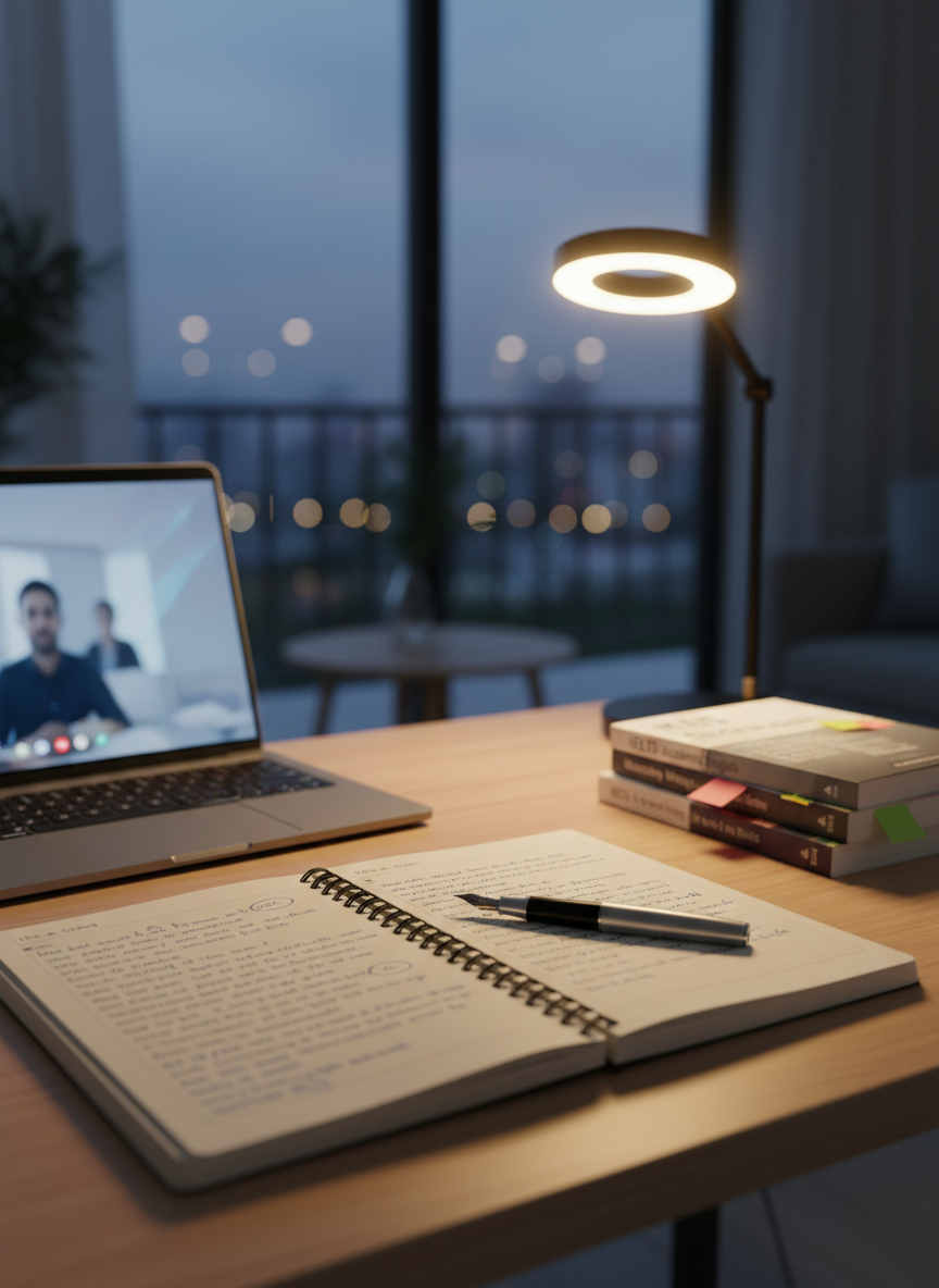 A modern IELTS study desk arranged for focused English exam preparation, featuring an open notebook filled with neatly handwritten paragraphs and a high-quality pen resting across the page. Beside it, a slim laptop displays a muted video call interface with abstract silhouettes suggesting a virtual class, and a small stack of IELTS practice books with colored page markers. The desk sits near a large window in a quiet apartment, with city lights softly blurred outside. Cool, diffused evening light mixes with a warm desk lamp, creating balanced, professional photographic realism. Shot at eye level with a shallow depth of field, the notebook and pen are in sharp focus while the background gently fades, conveying calm concentration and disciplined study.