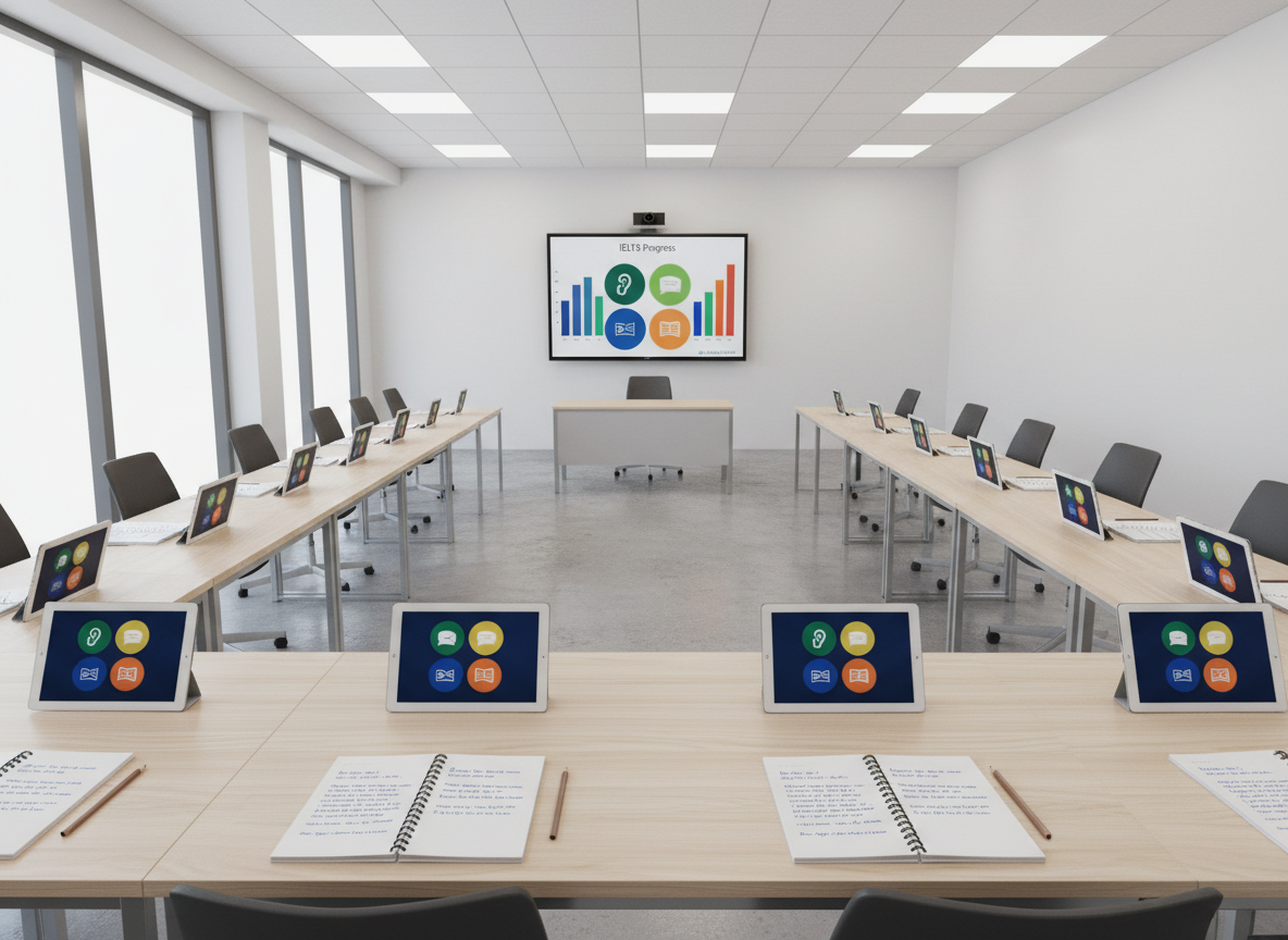 A spacious, modern classroom captured in photographic realism, with rows of minimalist light-wood tables arranged in a U-shape around a central presenter’s desk. Each station has an open notebook with carefully written English sentences, a sharpened pencil, and a slim tablet displaying abstract icons for listening, speaking, reading, and writing tasks with no text. At the front, a large wall-mounted display shows colorful, geometric charts representing IELTS progress. Soft overhead LED lighting combines with daylight streaming from tall side windows, creating an even, clear illumination. Shot from the back of the room at a slightly elevated angle, the composition emphasizes symmetry and depth, evoking a professional, organized environment ideal for focused exam training and collaborative practice.