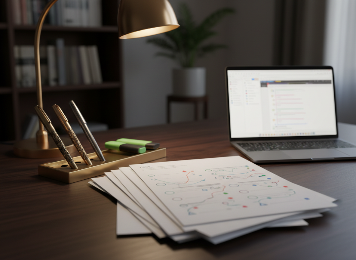 An elegant writing-focused scene set on a dark walnut desk, featuring a stack of graded-style essay pages marked with subtle colored shapes and underlines instead of text, suggesting detailed IELTS feedback. A metal pen tray holds finely crafted fountain pens and highlighters, their polished surfaces reflecting a warm desk lamp. To the side, a slim laptop shows a blurred document editing interface with tracked changes implied by colored lines and boxes. The background fades into a softly lit bookshelf and a small potted plant. Warm, directional lamp light creates gentle contrast and crisp shadows on the paper, while a narrow depth of field keeps attention on the feedback pages. The overall photographic aesthetic feels analytical yet encouraging, emphasizing one-to-one writing improvement.